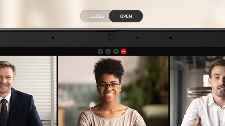 The video shows the laptop's webcam privacy feature. The "open" webcam is active with a light on, indicating it's in use while on a video call with three participants. You can close the webcam right away by sliding the shutter, and the screen will turn off immediately.