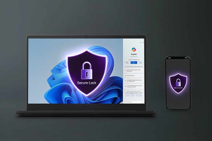 The image shows an open laptop on a dark gray background. A lock-shaped logo labeled “Secret Lock” appears floating at the center of the display, with the same logo also shown on a mobile device screen positioned beside the laptop.