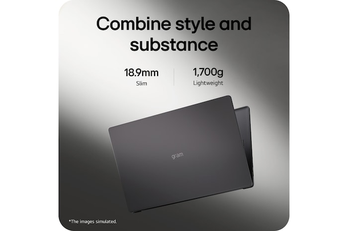 An LG gram Pro laptop displayed from the front, shown above a circular battery graphic indicating long battery performance. The image highlights up to 26 hours of usage with a 77 Wh battery, represented through visual icons and a dashboard-style screen on the display.