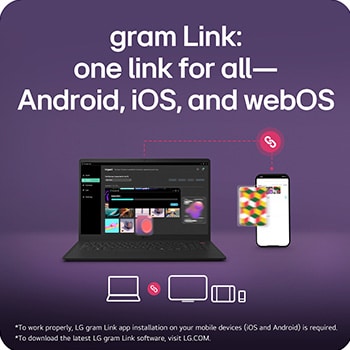A multi-device connectivity scene showing LG gram Link in use across different platforms. A desktop monitor, laptop, tablet, and smartphone display the same photo gallery interface, illustrating seamless device synchronization across iOS, Android, and webOS environments.