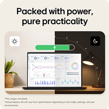 A top-down view of an LG gram Pro aptop surrounded by circular sound wave graphics. The image visually represents immersive spatial audio, with Dolby Atmos branding shown on the lower corner of the scene.