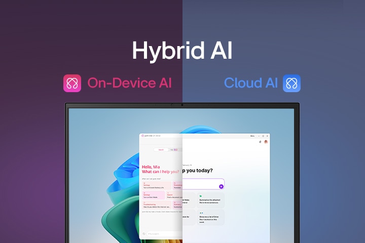 A split-screen image showcasing 'gram AI' with two distinct modes: 'gram chat On-Device' on the left, represented by a pink icon, and 'gram chat Cloud' on the right, represented by a blue icon. The screen displays an AI interface, symbolizing seamless AI functionality across both modes.	