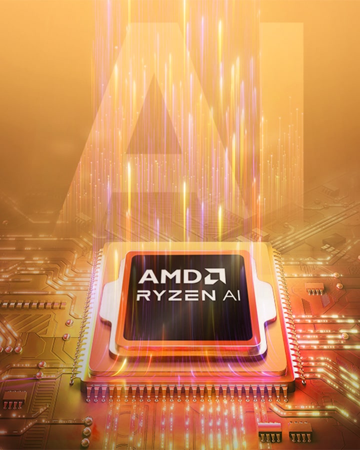 The image features an AMD Ryzen AI processor set against a vibrant, futuristic orange-toned background, with large semi-transparent “AI” text layered behind the chipset.