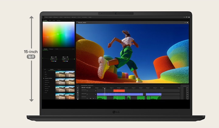 'This video shows an LG gram laptop opening to compare a 15-inch 16:9 display with a taller 16-inch 16:10 display, highlighting the expanded vertical screen space and increased workspace during creative editing tasks.