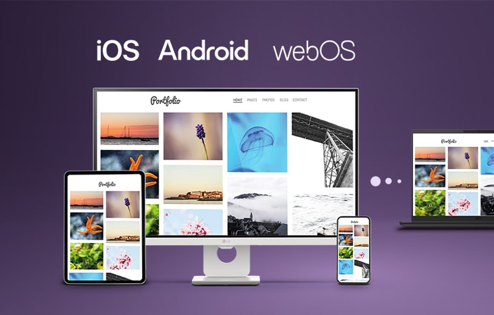 This image shows an LG gram laptop connected with a tablet, smartphone, and desktop display, illustrating seamless multi-device syncing and content sharing across iOS, Android, and webOS using LG gram Link.