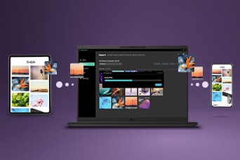 This image shows how to connect a phone to a laptop wirelessly, with photos and files being transferred between devices, illustrating seamless multi-device file sharing through LG gram Link.