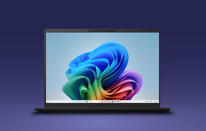 This image shows an LG gram Book laptop on a dark background, illustrating remote security protection through ThinQ, with the device displayed as securely managed and protected even when accessed or controlled remotely.