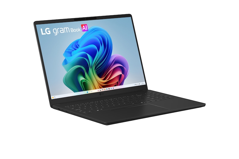 A floating LG gram Pro AI laptop shown from multiple angles, highlighting its slim and lightweight design. The image presents key features including 1,199 g weight, 12.4 mm thin body, Windows 11 Home Copilot+ PC, AMD Ryzen AI processor, on-device and cloud AI support, a 16-inch 16:10 2.5K LCD display, DCI-P3 99% color gamut, and a variable refresh rate of 31 to 144 Hz.