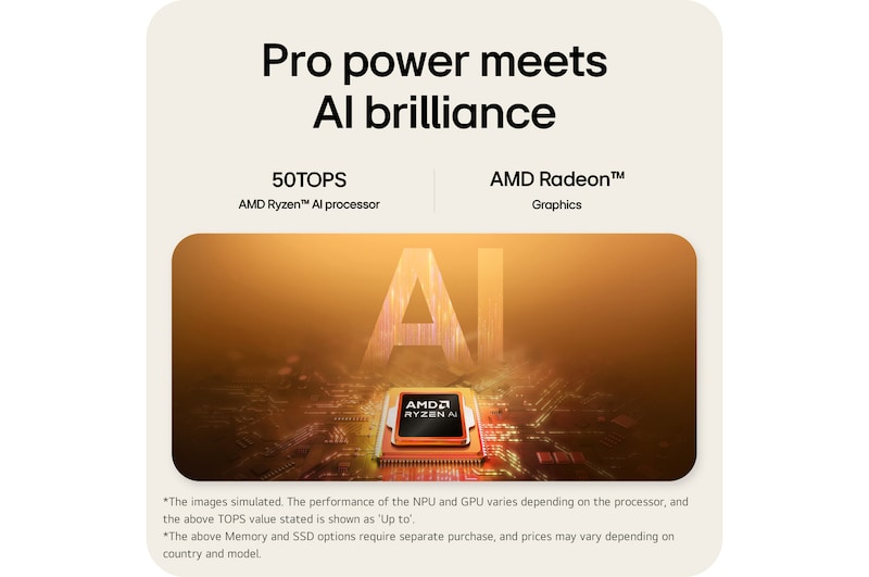 A front-facing view of an LG gram Pro laptop displaying a split-screen interface that represents on-device AI and cloud-based AI functions. Icons for gram chat cloud appear on both sides of the laptop, emphasizing dual AI operation within the system.