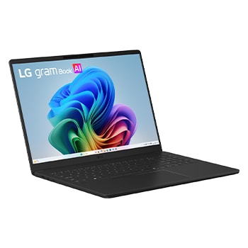 A floating LG gram Pro AI laptop shown from multiple angles, highlighting its slim and lightweight design. The image presents key features including 1,199 g weight, 12.4 mm thin body, Windows 11 Home Copilot+ PC, AMD Ryzen AI processor, on-device and cloud AI support, a 16-inch 16:10 2.5K LCD display, DCI-P3 99% color gamut, and a variable refresh rate of 31 to 144 Hz.