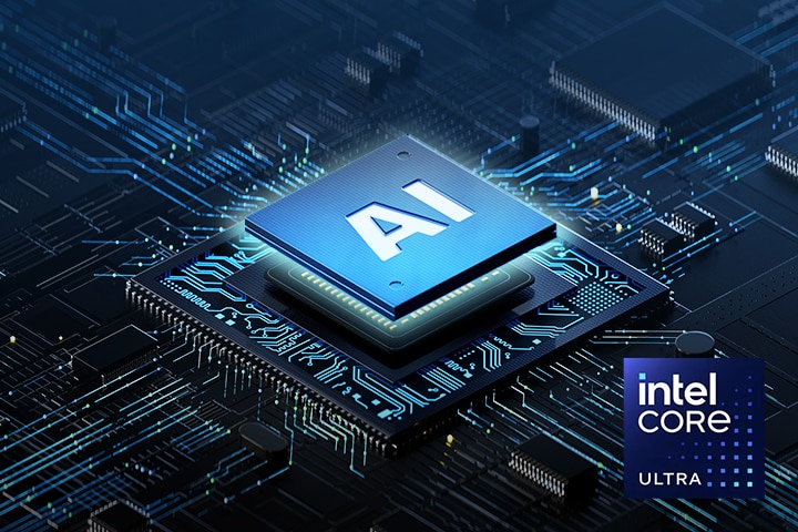 A laptop featuring an AI chip graphic on its screen, surrounded by a futuristic circuit board design that emphasizes advanced processing capabilities. The Intel Core Ultra logo is prominently displayed in the bottom left corner, highlighting cutting-edge performance.