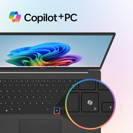 A laptop displaying the Windows 11 Bloom wallpaper, featuring a close-up highlight of the dedicated Copilot key on the keyboard. The 'Copilot+PC' logo is prominently displayed in the top left corner.