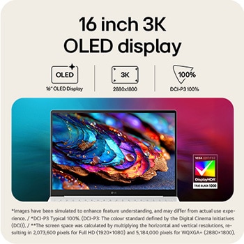 A front view of the LG gram laptop display with a vivid, colorful liquid splash visual on the screen, set against a gradient background. Above the display, icons highlight key specifications including a 16 inch IPS display with 178° wide viewing angles, DCI-P3 99% (Typ.) color gamut, and 1500:1 (Typ.) contrast ratio. A VESA DisplayHDR True Black 1000 certification badge appears on the right, emphasizing high contrast and rich color performance.