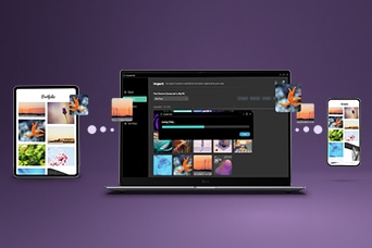 This image shows how to conncect phone to laptop wirelessly, with photos and files being transferred between devices, illustrating seamless multi-device file sharing through LG gram Link.