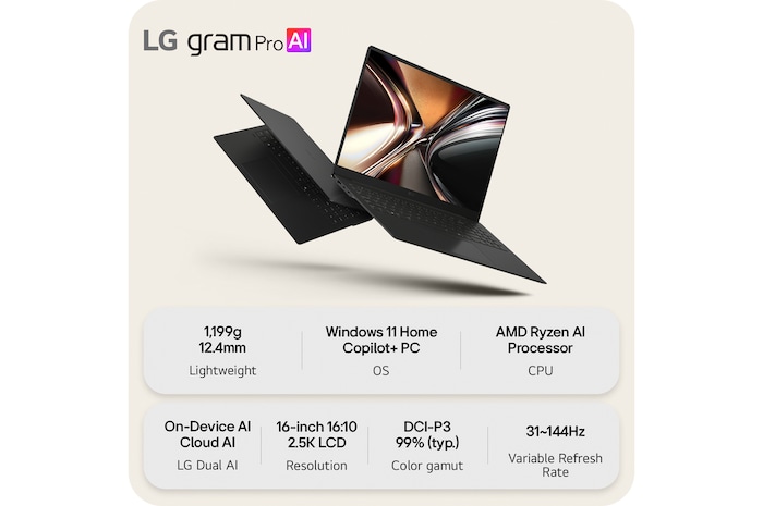 A floating LG gram Pro AI laptop shown from multiple angles, highlighting its slim and lightweight design. The image presents key features including 1,199 g weight, 12.4 mm thin body, Windows 11 Home Copilot+ PC, AMD Ryzen AI processor, on-device and cloud AI support, a 16-inch 16:10 2.5K LCD display, DCI-P3 99% color gamut, and a variable refresh rate of 31 to 144 Hz.
