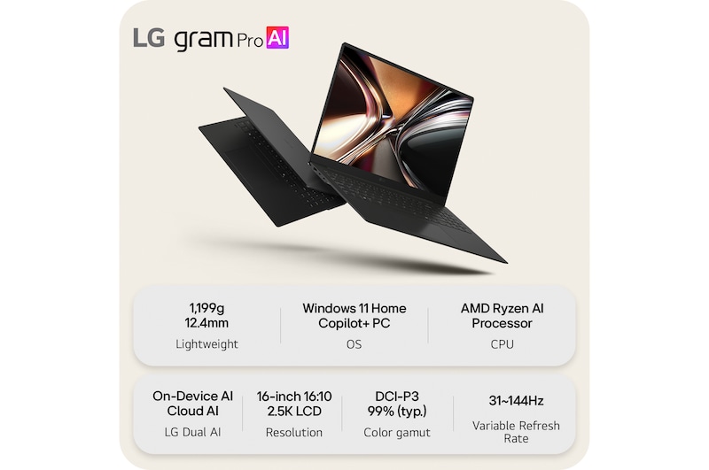 A floating LG gram Pro AI laptop shown from multiple angles, highlighting its slim and lightweight design. The image presents key features including 1,199 g weight, 12.4 mm thin body, Windows 11 Home Copilot+ PC, AMD Ryzen AI processor, on-device and cloud AI support, a 16-inch 16:10 2.5K LCD display, DCI-P3 99% color gamut, and a variable refresh rate of 31 to 144 Hz.