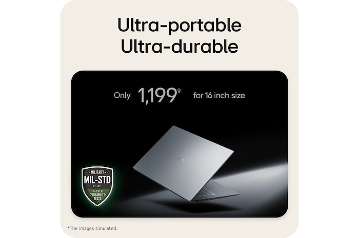 An LG gram Pro laptop displayed at an angled position on a dark background, emphasizing its lightweight 1,199 g body designed for a 16-inch size. A MIL-STD-810H badge is shown, indicating that the device has passed seven military-grade durability tests.
