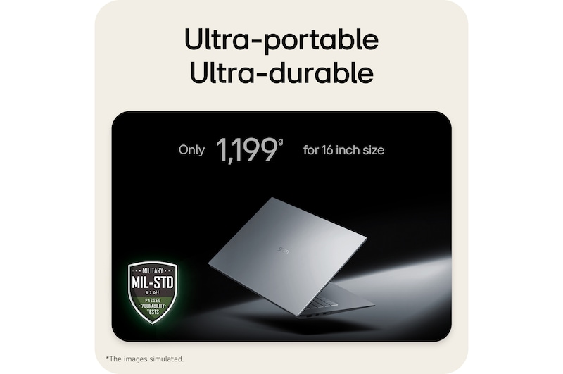 An LG gram Pro laptop displayed at an angled position on a dark background, emphasizing its lightweight 1,199 g body designed for a 16-inch size. A MIL-STD-810H badge is shown, indicating that the device has passed seven military-grade durability tests.