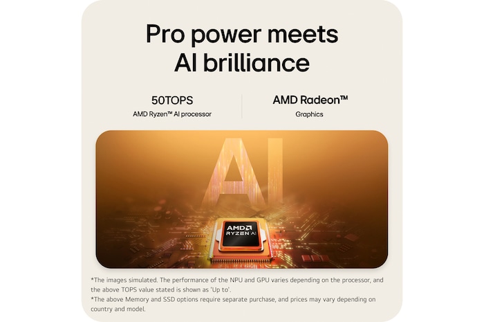 A visual illustration of an AMD Ryzen AI processor placed on a circuit board, symbolizing AI performance. The image highlights up to 50 TOPS processing capability and AMD Radeon Graphics, represented through a glowing AI-themed graphic background.