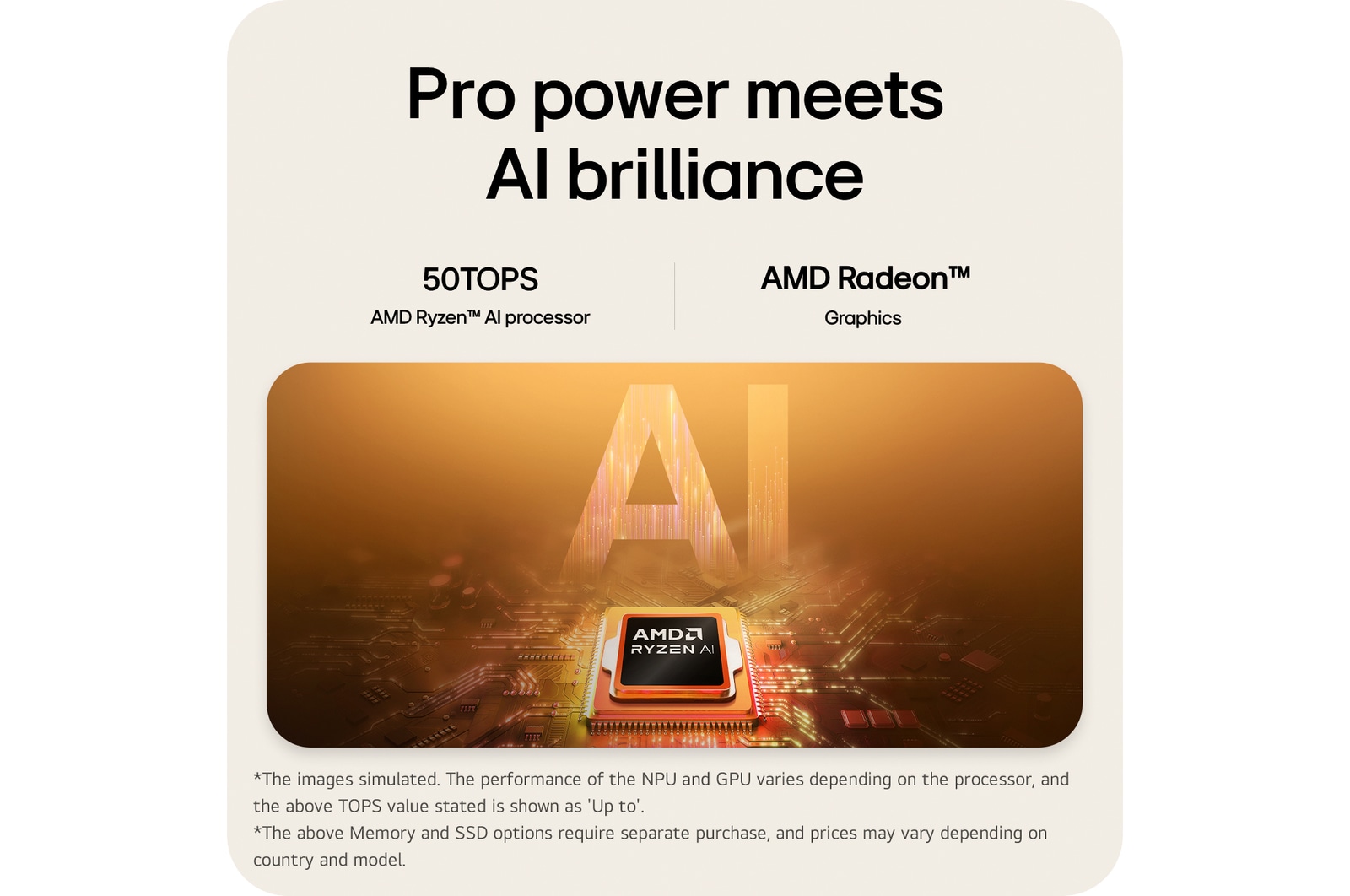 A visual illustration of an AMD Ryzen AI processor placed on a circuit board, symbolizing AI performance. The image highlights up to 50 TOPS processing capability and AMD Radeon Graphics, represented through a glowing AI-themed graphic background.