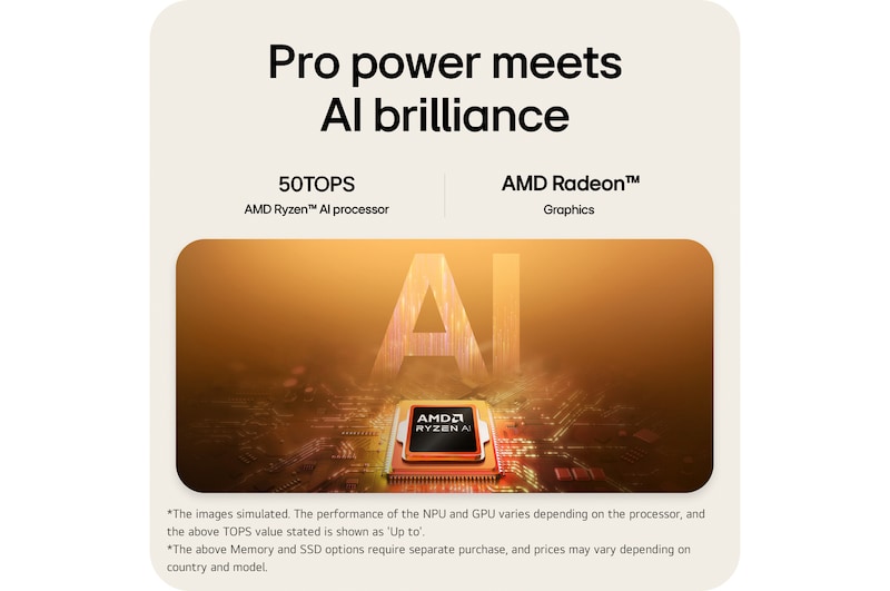 A visual illustration of an AMD Ryzen AI processor placed on a circuit board, symbolizing AI performance. The image highlights up to 50 TOPS processing capability and AMD Radeon Graphics, represented through a glowing AI-themed graphic background.