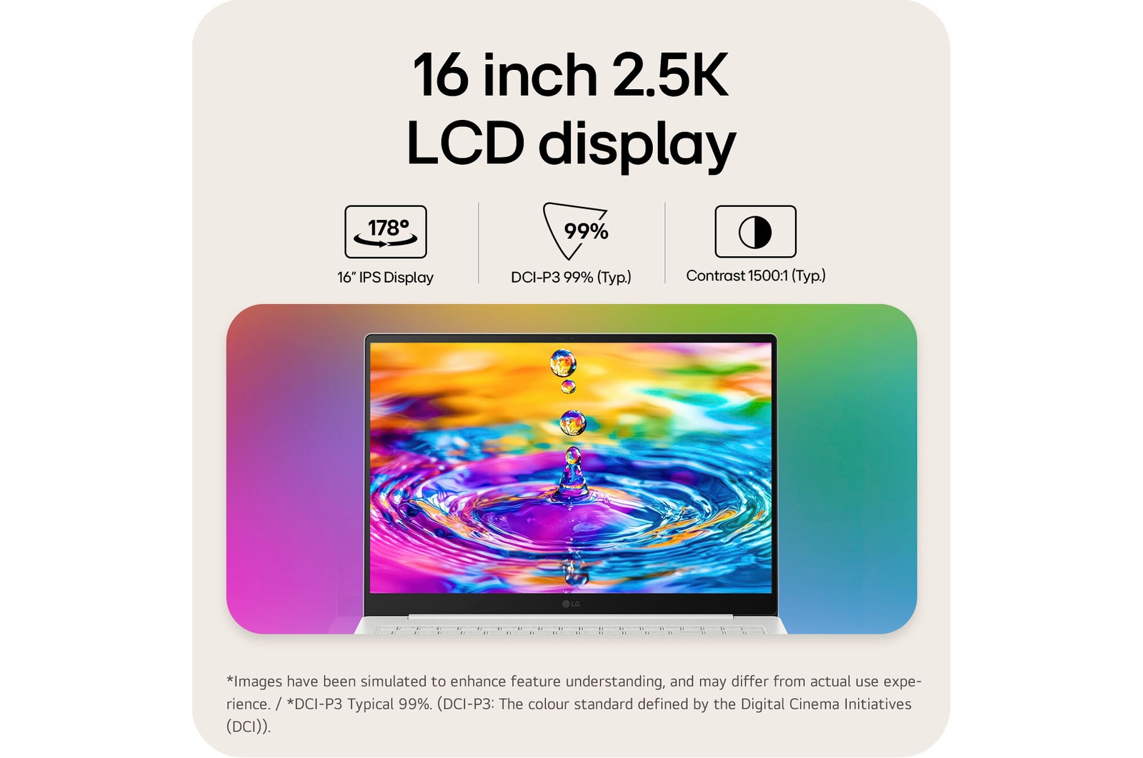 A front view of the LG gram laptop display with a vivid, colorful liquid splash visual on the screen, set against a gradient background. Above the display, icons highlight key specifications including a 16 inch IPS display with 178° wide viewing angles, DCI-P3 99% (Typ.) color gamut, and 1500:1 (Typ.) contrast ratio. A VESA DisplayHDR True Black 1000 certification badge appears on the right, emphasizing high contrast and rich color performance.