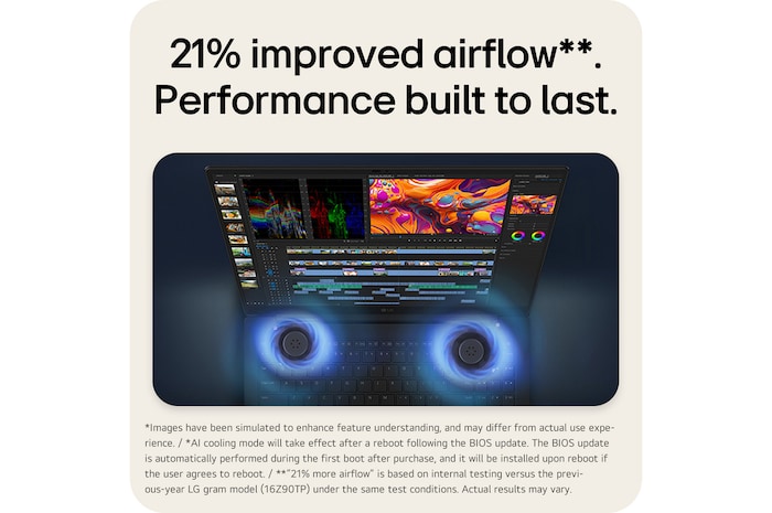 A top-down angled view of an LG gram Pro laptop running professional video editing software. Blue airflow graphics emerge from dual cooling fans beneath the keyboard, visually representing enhanced thermal performance during high-performance tasks.