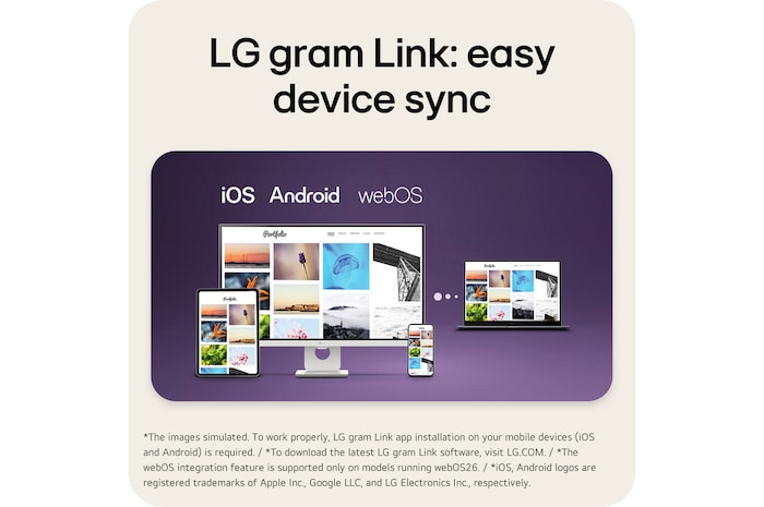 A multi-device connectivity scene showing LG gram Link in use across different platforms. A desktop monitor, laptop, tablet, and smartphone display the same photo gallery interface, illustrating seamless device synchronization across iOS, Android, and webOS environments.
