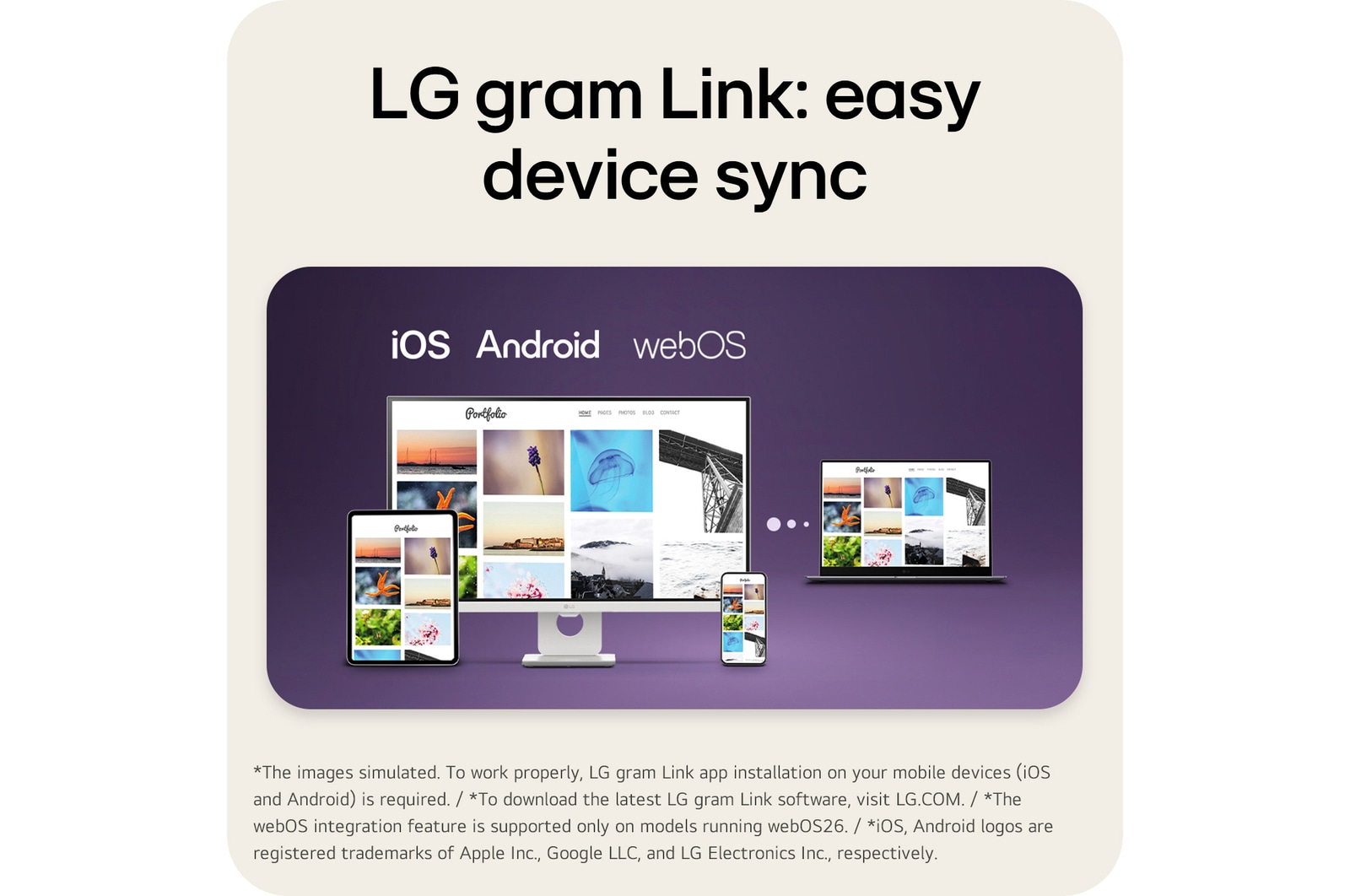A multi-device connectivity scene showing LG gram Link in use across different platforms. A desktop monitor, laptop, tablet, and smartphone display the same photo gallery interface, illustrating seamless device synchronization across iOS, Android, and webOS environments.