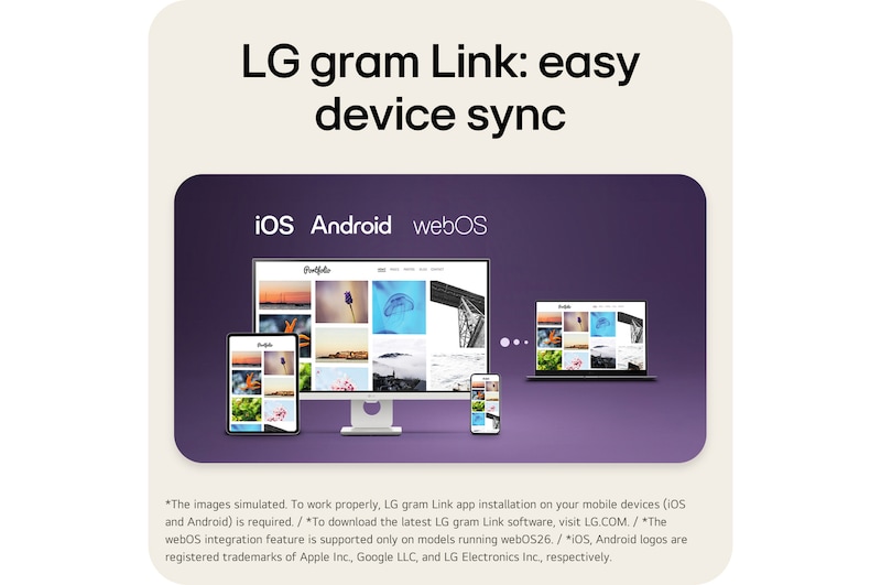 A multi-device connectivity scene showing LG gram Link in use across different platforms. A desktop monitor, laptop, tablet, and smartphone display the same photo gallery interface, illustrating seamless device synchronization across iOS, Android, and webOS environments.