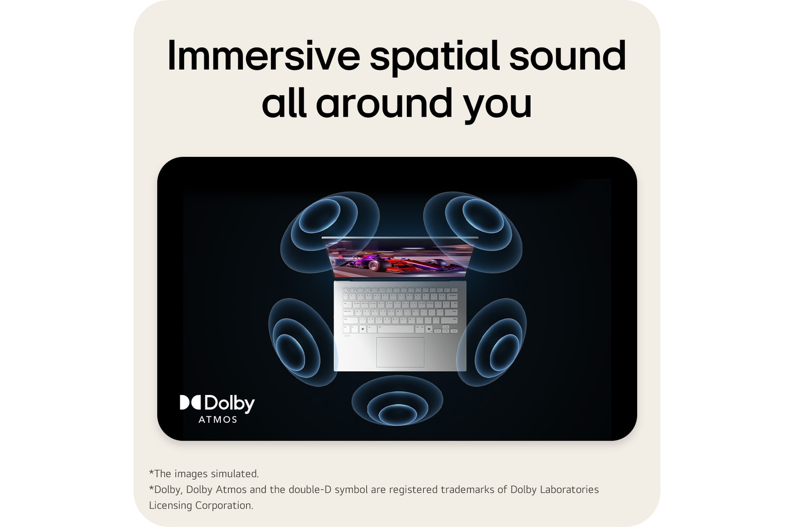 A top-down view of an LG gram Pro aptop surrounded by circular sound wave graphics. The image visually represents immersive spatial audio, with Dolby Atmos branding shown on the lower corner of the scene.