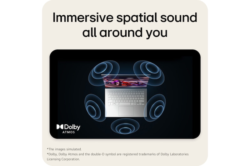A top-down view of an LG gram Pro aptop surrounded by circular sound wave graphics. The image visually represents immersive spatial audio, with Dolby Atmos branding shown on the lower corner of the scene.