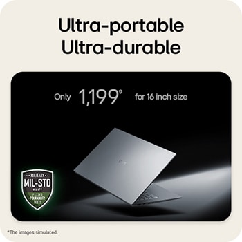 An LG gram Pro laptop displayed at an angled position on a dark background, emphasizing its lightweight 1,199 g body designed for a 16-inch size. A MIL-STD-810H badge is shown, indicating that the device has passed seven military-grade durability tests.