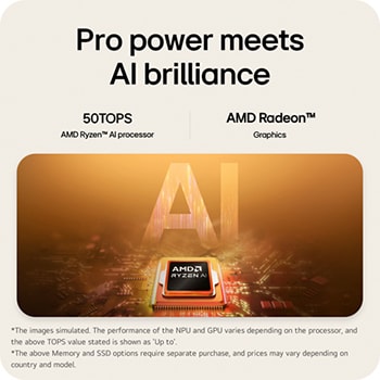 A visual illustration of an AMD Ryzen AI processor placed on a circuit board, symbolizing AI performance. The image highlights up to 50 TOPS processing capability and AMD Radeon Graphics, represented through a glowing AI-themed graphic background.