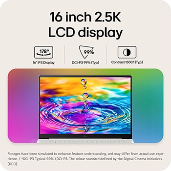 A front view of the LG gram laptop display with a vivid, colorful liquid splash visual on the screen, set against a gradient background. Above the display, icons highlight key specifications including a 16 inch IPS display with 178° wide viewing angles, DCI-P3 99% (Typ.) color gamut, and 1500:1 (Typ.) contrast ratio. A VESA DisplayHDR True Black 1000 certification badge appears on the right, emphasizing high contrast and rich color performance.
