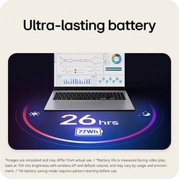 An LG gram Pro laptop displayed from the front, shown above a circular battery graphic indicating long battery performance. The image highlights up to 26 hours of usage with a 77 Wh battery, represented through visual icons and a dashboard-style screen on the display.