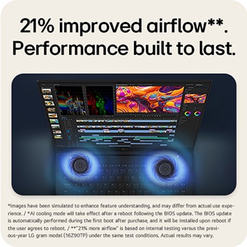 A top-down angled view of an LG gram Pro laptop running professional video editing software. Blue airflow graphics emerge from dual cooling fans beneath the keyboard, visually representing enhanced thermal performance during high-performance tasks.