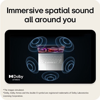 A top-down view of an LG gram Pro aptop surrounded by circular sound wave graphics. The image visually represents immersive spatial audio, with Dolby Atmos branding shown on the lower corner of the scene.