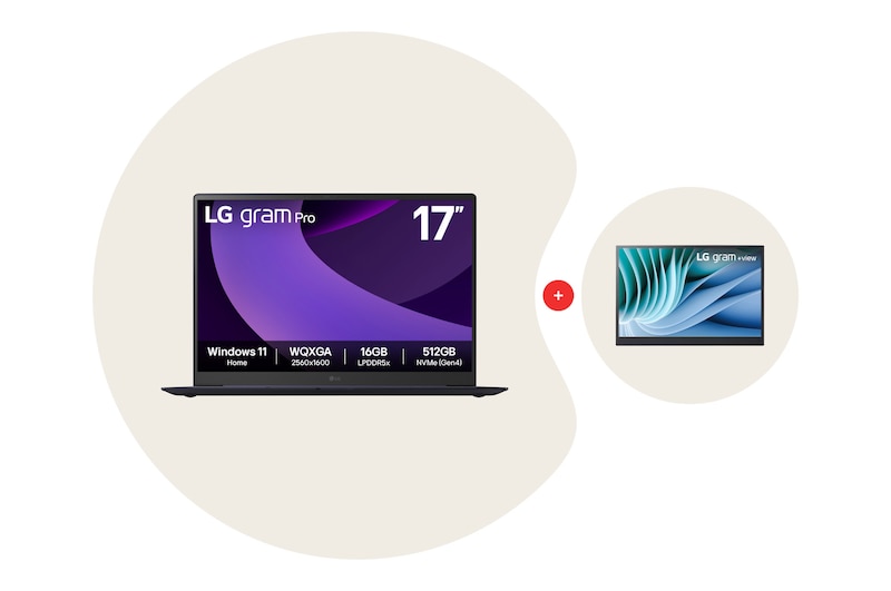Front view of LG gram Pro 17" | Windows 11 Home | Lightweight | 32GB RAM Intel® Core™ Ultra Processor Laptop | gram Hybrid AI | NVIDIA GeForce RTX 5050 | Copilot | LG gram Link | 16:10 IPS LCD display Bundle with LG gram +view Portable IPS Display 17ZAD88A3.16MR70