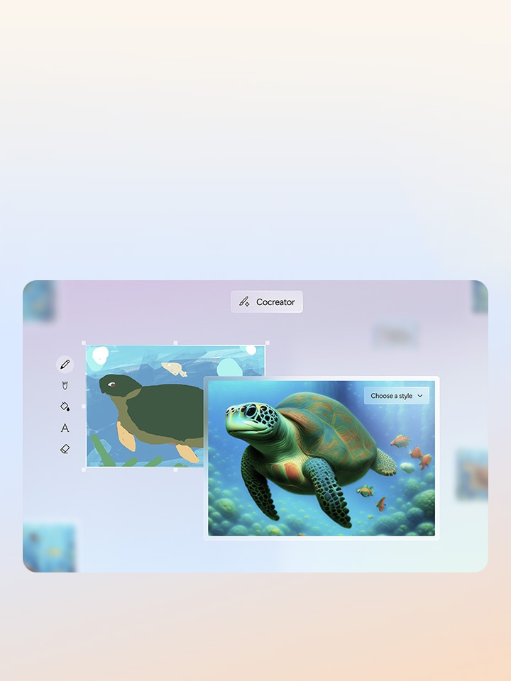 This image shows a 'Cocreator' feature with two panels. The left panel displays a simple illustration of a turtle, while the right panel shows a realistic, stylized rendering of a sea turtle swimming underwater with vibrant fish. A dropdown menu labeled 'Choose a style' appears in the realistic panel, indicating an AI-assisted style transformation tool.