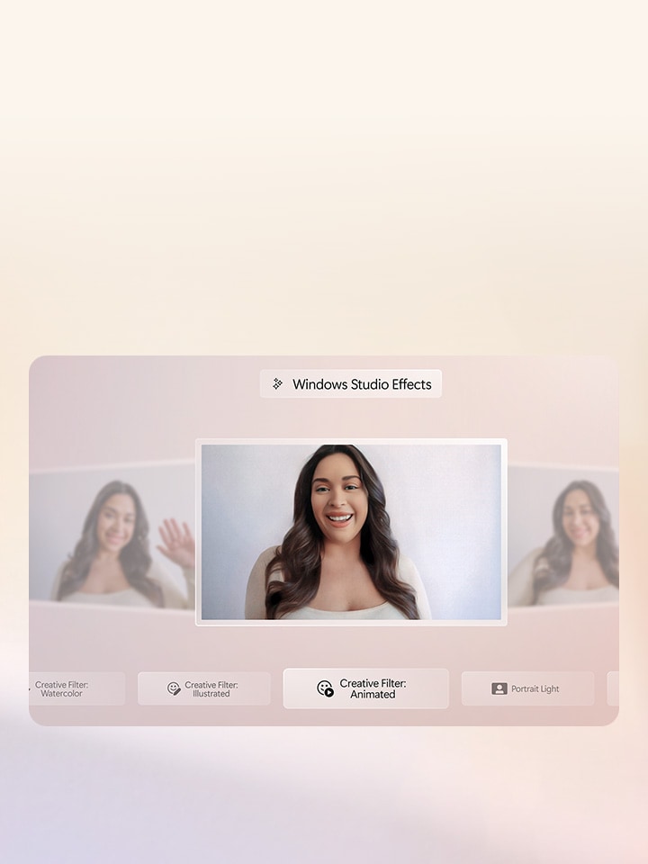 This image shows the 'Windows Studio Effects' feature applied to a video call. The main screen displays a person with an enhanced appearance using the 'Creative Filter: Animated' option, highlighted at the bottom. Additional filter options, such as 'Creative Filter: Illustrated' and 'Portrait Light,' are visible, suggesting customization for video effects.