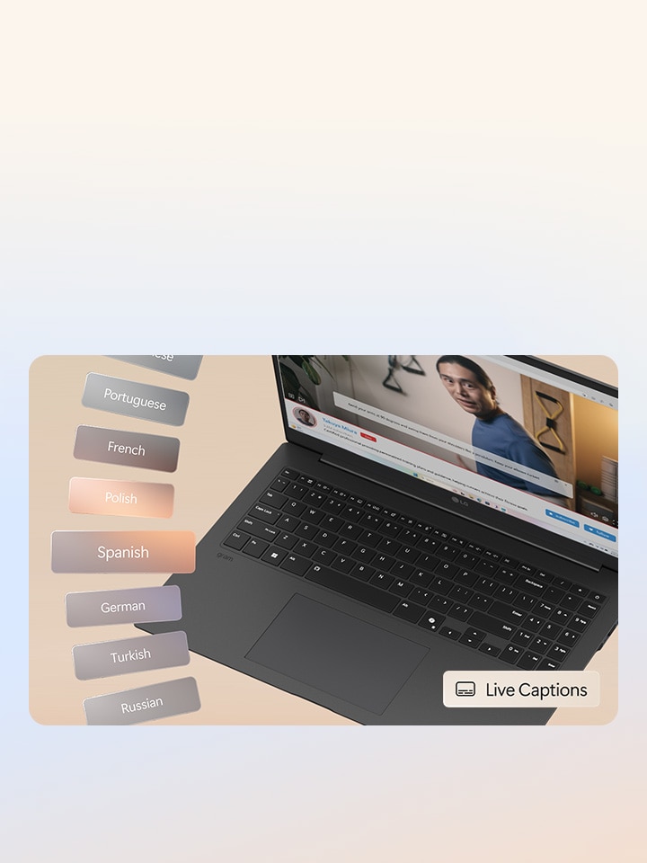 This image shows a laptop playing a video with live captions displayed on the screen. A list of languages, including Portuguese, French, Polish, Spanish, German, Turkish, and Russian, is shown on the left side, indicating multilingual caption support. A 'Live Captions' icon is visible in the bottom-right corner.