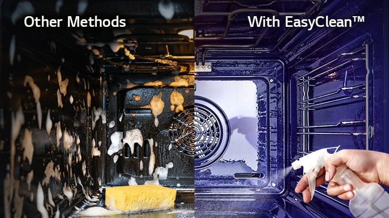 As a split image, the left image shows the inside of the bubbly oven and the right image shows steam coming out of the inside of the oven.