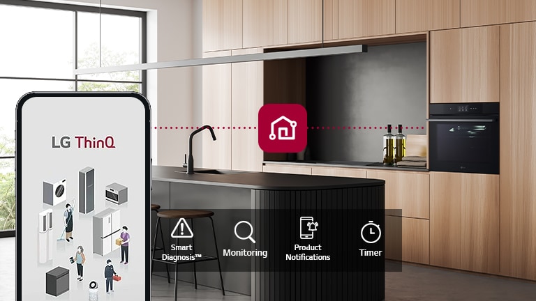 An image of an oven and a smartphone connected through ThinQ. There is an icon that expresses the functions of ThinQ, smart diagnostics, monitoring, product notifications, timer.