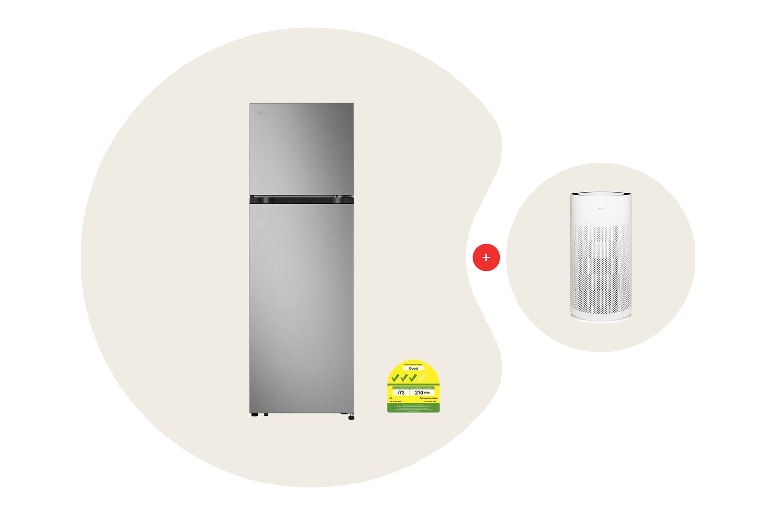 Front view of 266L Top Freezer with Smart Inverter Compressor™ in Prime Silver Bundle with 32㎡ PuriCare™ AeroHit Air Purifier GTB2655PY.AS35GG