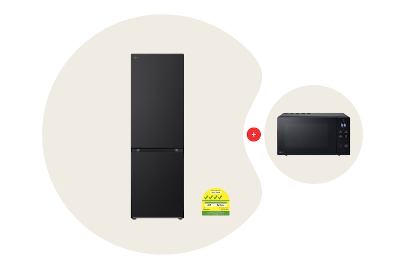 Front view of 344L Bottom Freezer with Smart Inverter Compressor™ in Essence Matte Black Bundle with 30L NeoChef® Microwave Oven in Black GBB3443EP.MS3032
