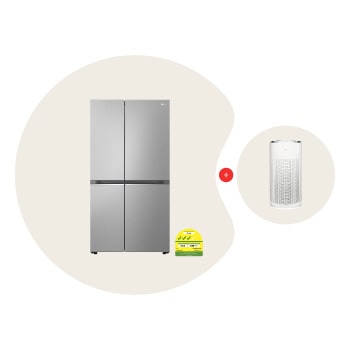 Front view of 647L Side by Side Refrigerator with Smart Inverter Compressor™ in Prime Silver Bundle with 32㎡ PuriCare™ AeroHit Air Purifier GSB6473PY.AS35GG
