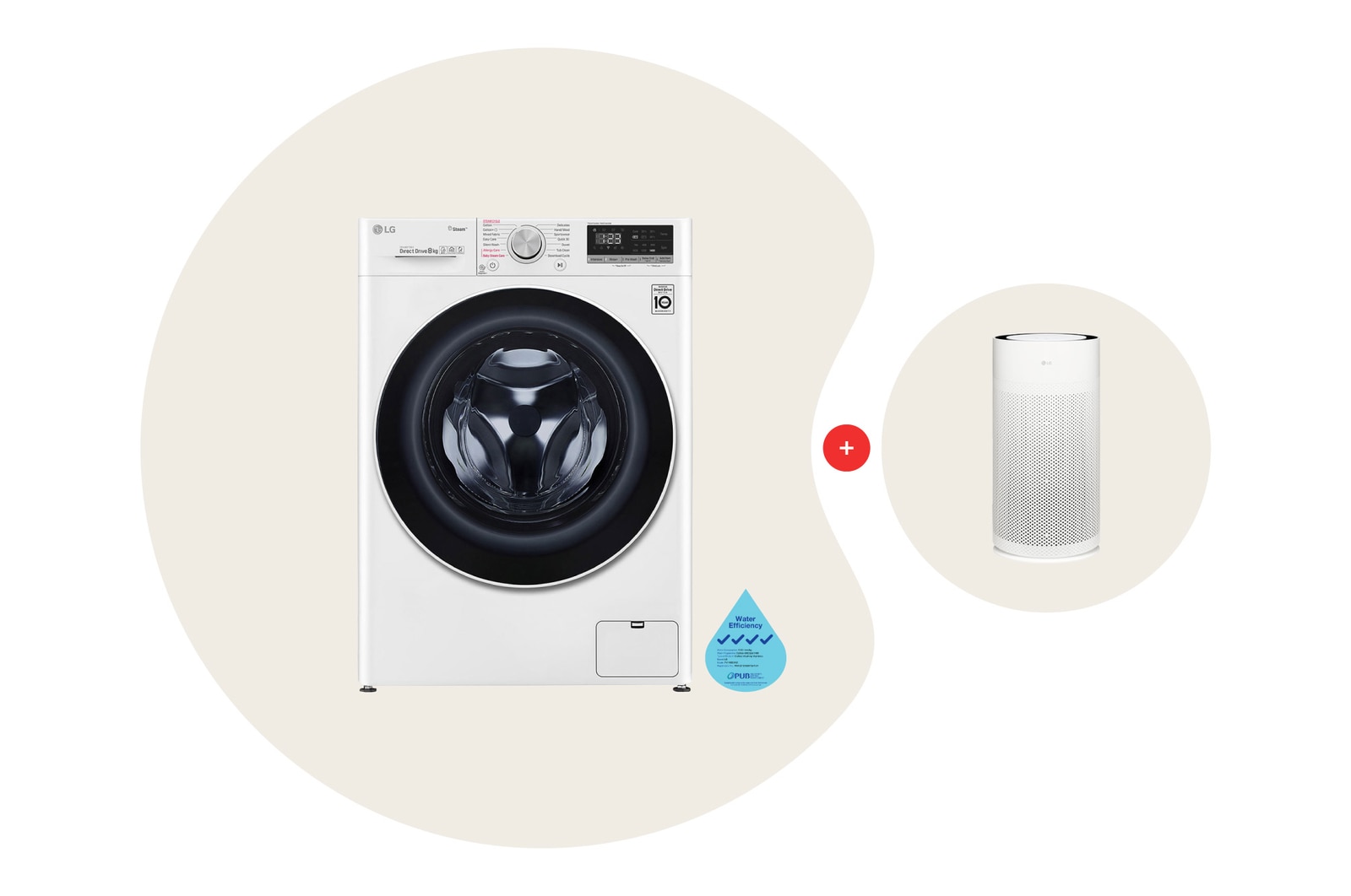 Front view of 8kg, AI Direct Drive Front Load Washing Machine Bundle with 32㎡ PuriCare™ AeroHit Air Purifier FV1408S4W.AS35GG