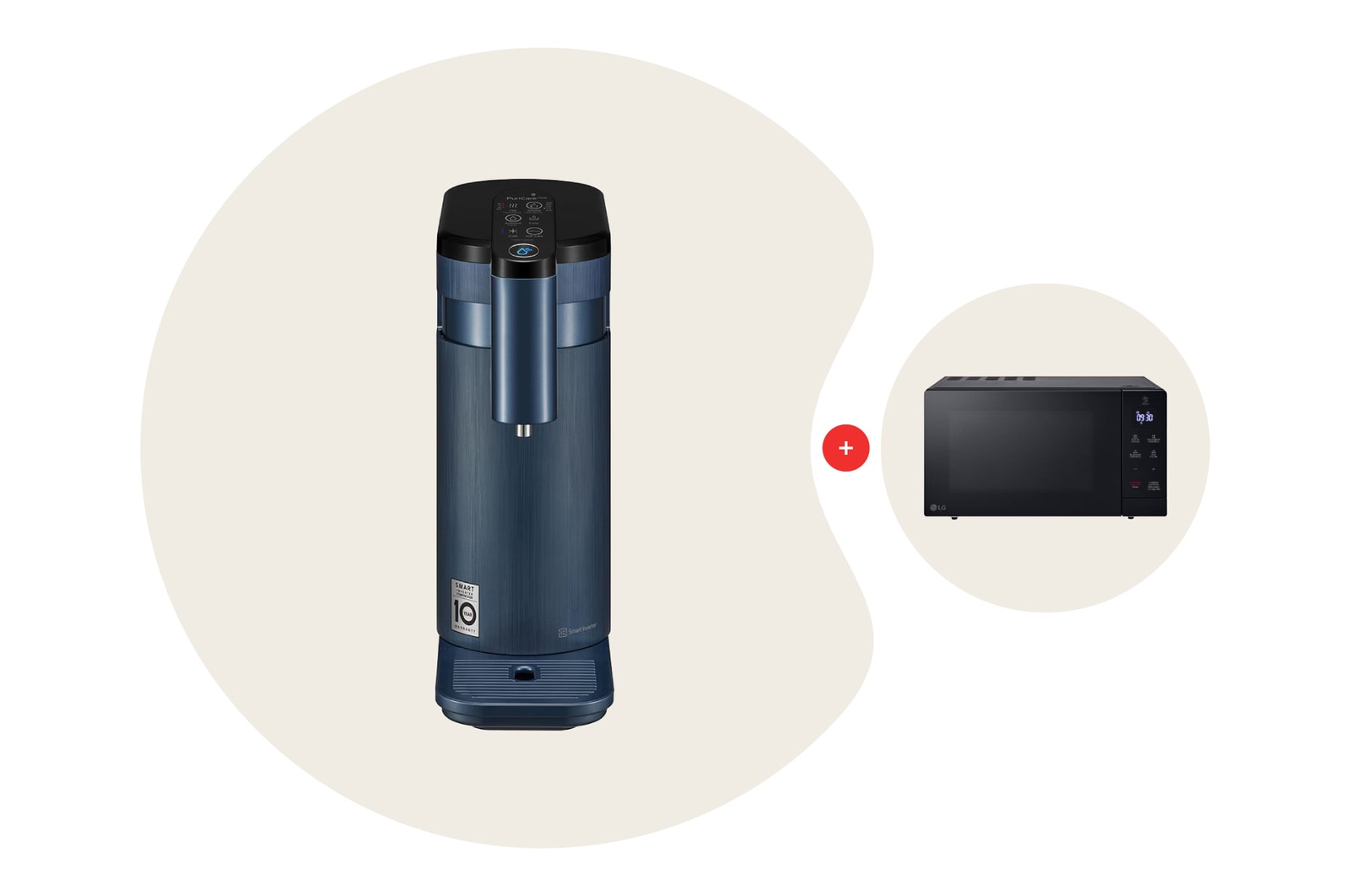 Front view of Objet Collection Tankless Water Purifier with 4-Stage Filtration in Navy Blue Bundle with 30L NeoChef® Microwave Oven in Black WD516AN.MS3032