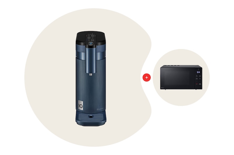 Front view of Objet Collection Tankless Water Purifier with 4-Stage Filtration in Navy Blue Bundle with 30L NeoChef® Microwave Oven in Black WD516AN.MS3032